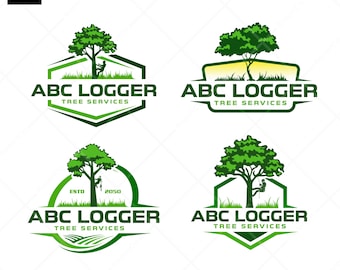 May include: A collection of four green and white logos for a tree service company. Each logo features a tree, the company name "ABC LOGGER", and the text "TREE SERVICES". The logos are in various shapes.