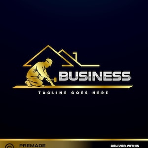 May include: Gold and silver business logo design on a dark blue background. The logo features a silhouetted worker with a hammer, a house outline, and the word "BUSINESS". The tagline "TAGLINE GOES HERE" is also included.