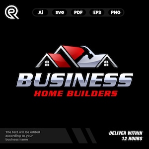 Könnte beinhalten: Logo für ein Hausbauunternehmen mit einem stilisierten Haus mit rotem Dach und einem Hammer. Das Wort "BUSINESS" ist in Silber und "HOME BUILDERS" in Rot gehalten. Der Text "DELIVER WITHIN 12 HOURS" ist ebenfalls enthalten.