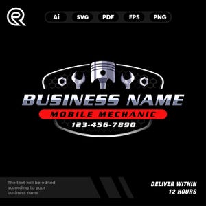 May include: A black and silver logo for a mobile mechanic business. The logo features a piston, wrenches, and the text "BUSINESS NAME" above "MOBILE MECHANIC" and a phone number. The text "The text will be edited according to your business name" is also present.