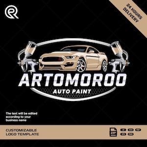 May include: A logo for auto paint services featuring a tan sports car, two spray guns, and the text "ARTOMOROO AUTO PAINT." The design includes a black background with a tan banner that reads "24 HOURS DELIVERY." The logo is customizable.