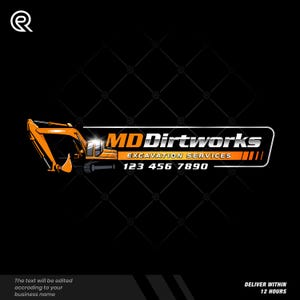 Może przedstawiać: Logo firmy budowlanej z pomarańczowo-szarą koparką, tekstem "MD Dirtworks Excavation Services" i numerem telefonu. Na czarnym tle z rombowym wzorem. Widoczny jest również tekst "Dostawa w ciągu 12 godzin".