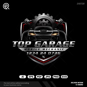 Puede incluir: Un diseño de logotipo metálico con la parte delantera de un coche negro, un engranaje grande y dos pistones cruzados sobre un escudo. El texto dice TOP GARAGE MOBILE MECHANIC con los números 1234 24 0726 y un icono de llave inglesa.