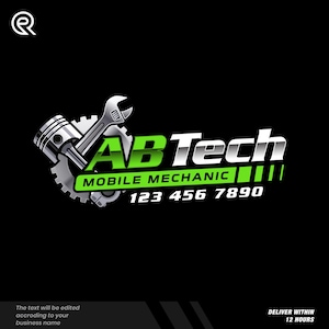 May include: A logo for AB Tech Mobile Mechanic, featuring a piston, wrench, and gear in silver and gray. The text "AB Tech" is in white and green, with the words "Mobile Mechanic" below. A phone number is also included.