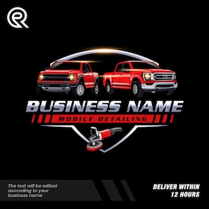 Peut inclure: Logo d'une entreprise de detailing mobile avec deux pick-up rouges, une polisseuse et le texte "BUSINESS NAME MOBILE DETAILING". Le logo est sur fond noir avec le texte "The text will be edited according to your business name" et "DELIVER WITHIN 12 HOURS."