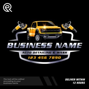 Peut inclure: Logo pour services de detailing et lavage automobile. Il présente un pick-up jaune, le nom de l'entreprise, un numéro de téléphone et le texte « AUTO DETAILING & WASH ». Deux polisseuses jaunes encadrent le camion.
