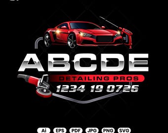 May include: A graphic logo design featuring a red sports car above the silver text ABCDE DETAILING PROS and the numbers 1234 19 0726. A red and black rotary polisher is positioned on the left, with file format icons Ai, EPS, PDF, JPG, PNG, SVG below.