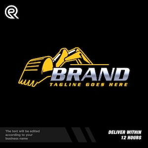 May include: A logo design featuring a yellow excavator bucket and arm, with the word "BRAND" in silver and the tagline "TAGLINE GOES HERE" in yellow. The background is black. The text "The text will be edited according to your business name" is also present.