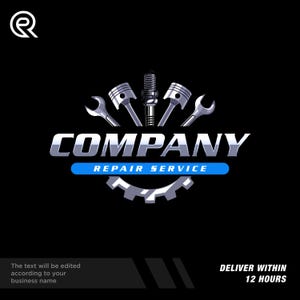 May include: A logo for a repair service, featuring metallic tools and the word "COMPANY" in a silver, 3D font. The text "REPAIR SERVICE" is below, on a blue bar. A gear and the text "DELIVER WITHIN 12 HOURS" are also present.