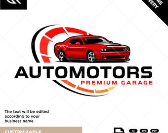 Puede incluir: Logotipo de taller de automóviles con un coche deportivo rojo. El logotipo incluye el texto "AUTOMOTORS PREMIUM GARAGE" y "24 HOURS DELIVERY". Es una plantilla de logotipo personalizable.