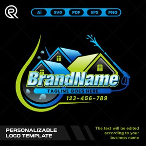 May include: A logo design featuring three stylized houses with blue and green roofs, a water droplet, and a pressure washer. The logo includes the text "BrandName", "TAGLINE GOES HERE", and a phone number. The design is on a black background.