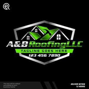 Peut inclure: Logo A&B Roofing LLC sur fond noir. Le logo présente un design argenté et vert avec une icône de maison et de marteau. Le texte comprend "A&B Roofing LLC", "TAGLINE GOES HERE" et un numéro de téléphone. Le logo est en forme d'hexagone argenté.