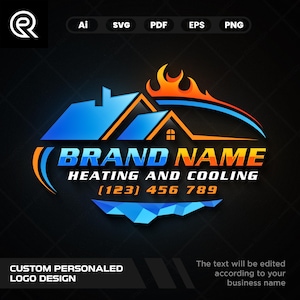 Puede incluir: Diseño de logotipo personalizado para una empresa de calefacción y refrigeración. El logotipo presenta una casa estilizada con detalles en azul y naranja, llamas y el nombre de la empresa. Incluye un número de teléfono y opciones de tipo de archivo.