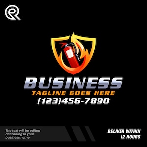 May include: A logo featuring a red fire extinguisher inside a yellow and orange shield, with flames. The word "BUSINESS" is in silver and white, with the tagline and phone number below. The background is black.