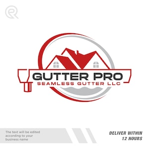 Puede incluir: Un logotipo de Gutter Pro, con un diseño de casa roja y blanca dentro de un marco circular gris y rojo. El texto "GUTTER PRO SEAMLESS GUTTER LLC" se muestra debajo del gráfico de la casa. El logotipo también incluye un icono de canalón.