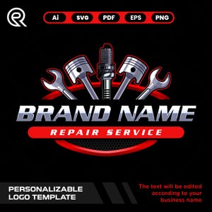 May include: A black logo design featuring a spark plug, pistons, and wrenches. The words "BRAND NAME" and "REPAIR SERVICE" are displayed in a bold, silver font. The design includes the text "PERSONALIZABLE LOGO TEMPLATE".