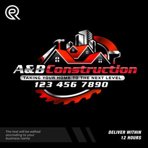 May include: A&B Construction logo on a black background. The logo features a red and white house design with a hammer, paint roller, and saw blade. The text reads "A&B Construction" and "Taking your home to the next level". A phone number is also included.