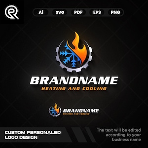以下が含まれることがあります： 暖房と冷房サービス用のロゴデザイン。 ギアの中に様式化された炎と雪片が描かれ、テキスト「BRANDNAME HEATING AND COOLING」が黒い背景に表示されています。