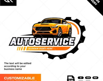 May include: A logo design featuring a yellow sports car, the word "AUTOSERVICE", and the text "SLOGAN GOES HERE". The design includes a gear shape and the words "24 HOURS DELIVERY". The logo is a customizable template.