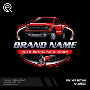 Puede incluir: Gráfico de una camioneta roja con el texto "BRAND NAME AUTO DETAILING & WASH" sobre un fondo negro. Una pulidora roja en la parte inferior. También está presente el texto "DELIVER WITHIN 12 HOURS".