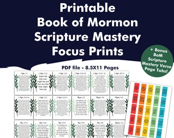 Printable 8.5x11 Book of Mormon Scripture Mastery Verses Focus Prints and Page Tab Markers 2024 Come Follow Me Seminary Study LDS Institute