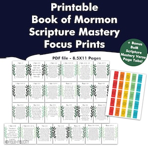 Printable 8.5x11 Book of Mormon Scripture Mastery Verses Focus Prints and Page Tab Markers 2024 Come Follow Me Seminary Study LDS Institute