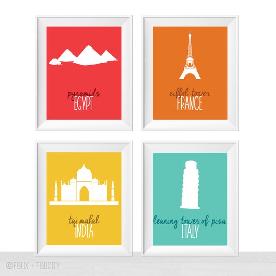 Printable Famous Landmarks Travel Theme Colorful Playroom, Living Room Eiffel Tower Pyramids Taj Mahal Pisa, Home Decor Poster Print Set Il_570xn