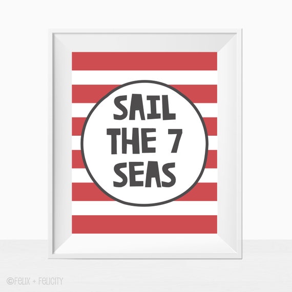 Printable Pirate Quote, Sail The 7 Seas, Red Stripe, Boy Room Decor, Boys Bedroom Theme Ideas, Minimalist Print, Kids Instant Download Il_570xn