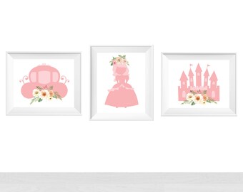 Imprimable Little Girls Room Princess Theme Wall Art Print, Baby Girl Nursery, Toddler Bedroom, Elegant Carriage Castle Silhouette Floral