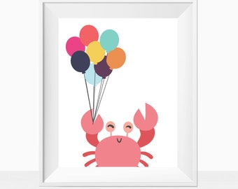 Printable Nursery Wall Art Nautical Theme, Gender Neutral Playroom Print, Crab with Balloons, Beach Ocean Toddler Bedroom, Colorful Modern