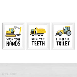 Printable Construction Trucks Theme Bathroom, Wash, Brush, Flush Quote, Wall Art for Kids, Boy Restroom Prints, Childrens Room, Vehicles