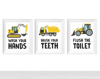 Printable Construction Trucks Theme Bathroom, Wash, Brush, Flush Quote, Wall Art for Kids, Boy Restroom Prints, Childrens Room, Vehicles