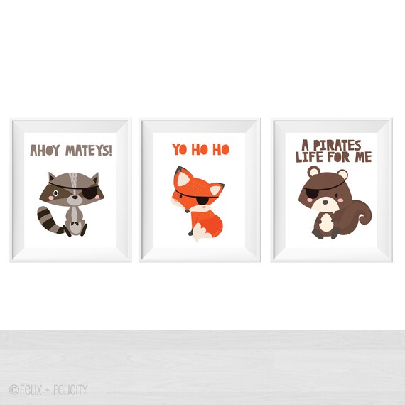 Printable Pirate Animals Set of 3 Prints 8x10, Poster for Kids Playroom, Shared Boy Bedroom Decor Ideas, Ahoy Matey, Pirates Quote Woodland Il_570xn
