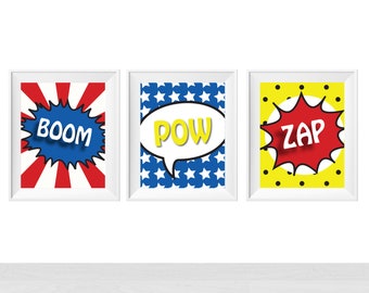 Printable Superhero Quote, Boom Pow Zap, Toddler Baby Boy Hero Nursery, Boys Bedroom Wall Art Decor Print, Kids Ideas