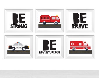 Printable Emergency Response Vehicles Wall Art For Nursery Toddler Boys Bedroom Fire Truck Police Ambulance Quote Kids Home Decor Prints