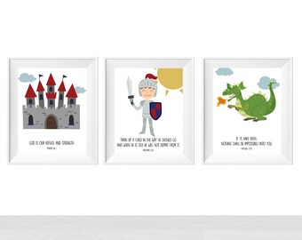 Printable Boys Room Bible Verse Prints, Dragon and Knight Nursery Toddler Room Decor, Wall Art for Kids, Castle Playroom Ideas Christian