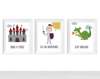 Printable Knight Boys Room Decor, Baby Boy Nursery Childrens Wall Art, Kids Poster for Bedroom, Castle Print, Toddler Room Ideas, Dragon