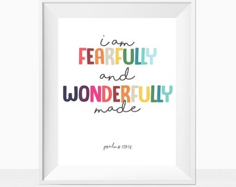 Printable Christian Childrens Room Scripture Print, Colorful Fearfully and Wonderfully Made Wall Art Bible Verse, Nursery Bedroom Idea