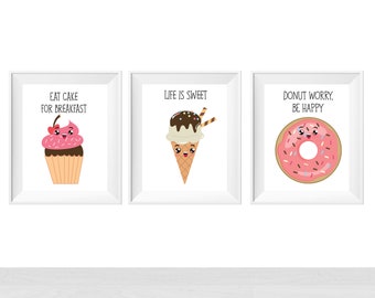 Printable Cute Ice Cream and Donut Quote Dessert Wall Decor Prints, Dining Room Kids Wall Art, Sweets Theme Baby Girl Shower Decor