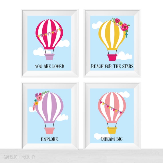 Printable Flower Hot Air Balloon Quote Set for Baby Girl Nursery, Travel Theme Wall Art Print Home Decor, Girl Bedroom Ideas, Cute Feminine Il_570xn