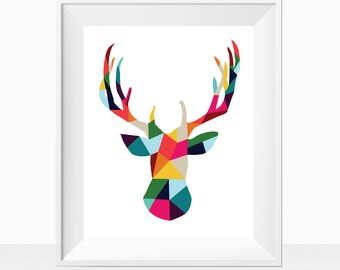 Printable Geometric Colorful Deer Silhouette - Wall Art Print - Modern Home Decor - Instant Download Rainbow Head Antlers - Adventure Theme