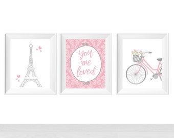 Printable Eiffel Tower Pink You Are Loved Paris Quote for Girls Room, Bike Wall Art Nursery for Toddler Baby Girl, Tween Playroom Print