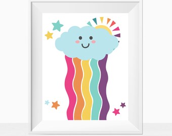 Printable Baby Nursery Wall Art, Rainbow Cloud, Colorful Kids Playroom Decor, Gender Neutral Minimalist Room Print, Pop of Color, Download