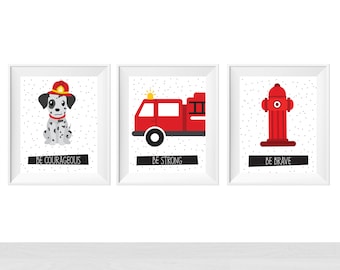 Printable Fire Dog Truck Wall Art For Kids Playroom, Firefighter Theme Quotes, Boy Bedroom Wall Decoration Ideas, Baby Toddler Nursery