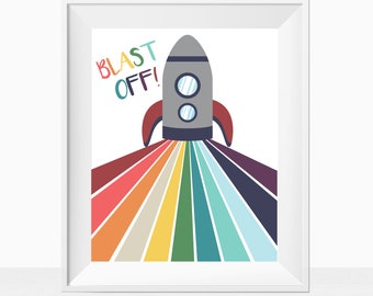 Printable Space Theme Children's Room Wall Art Prints, Planet Nursery Decor, Outer Space Nursery Signs 8x10, Blast Off Rocket, Playroom