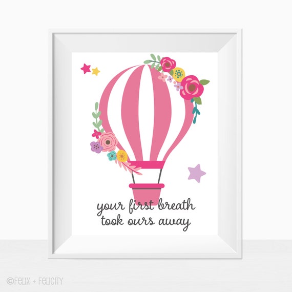 Printable Pink Flower Hot Air Balloon Quote for Baby Girl Nursery, Travel Theme Wall Art Print Home Decor, Girl Bedroom Ideas, Feminine Il_570xn