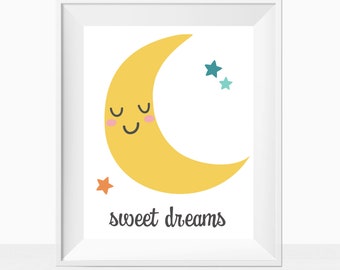 Printable Baby Nursery Wall Art, Sweet Dreams Moon Quote, Colorful Kids Playroom Decor, Gender Neutral Minimalist Room Print, Theme Ideas