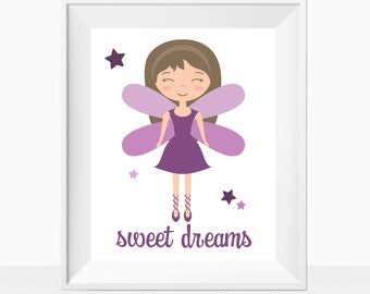 Printable Wall Art Fairy Nursery Kids Room Childrens Bedroom Theme Print, Sweet Dreams Quote, Baby Girl Toddler Decor Sign, Purple