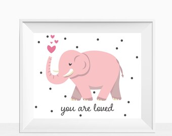 Printable Pink Elephant Animal Theme Baby Girl Nursery Wall Art, You Are Loved Quote Baby Shower Decor, Unique Whimsical Bedroom Ideas