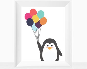 Printable Penguin With Colorful Balloons Gender Neutral Baby Toddler Room Nursery Wall Art Home Decor Ideas, Kids Child Playroom Bedroom